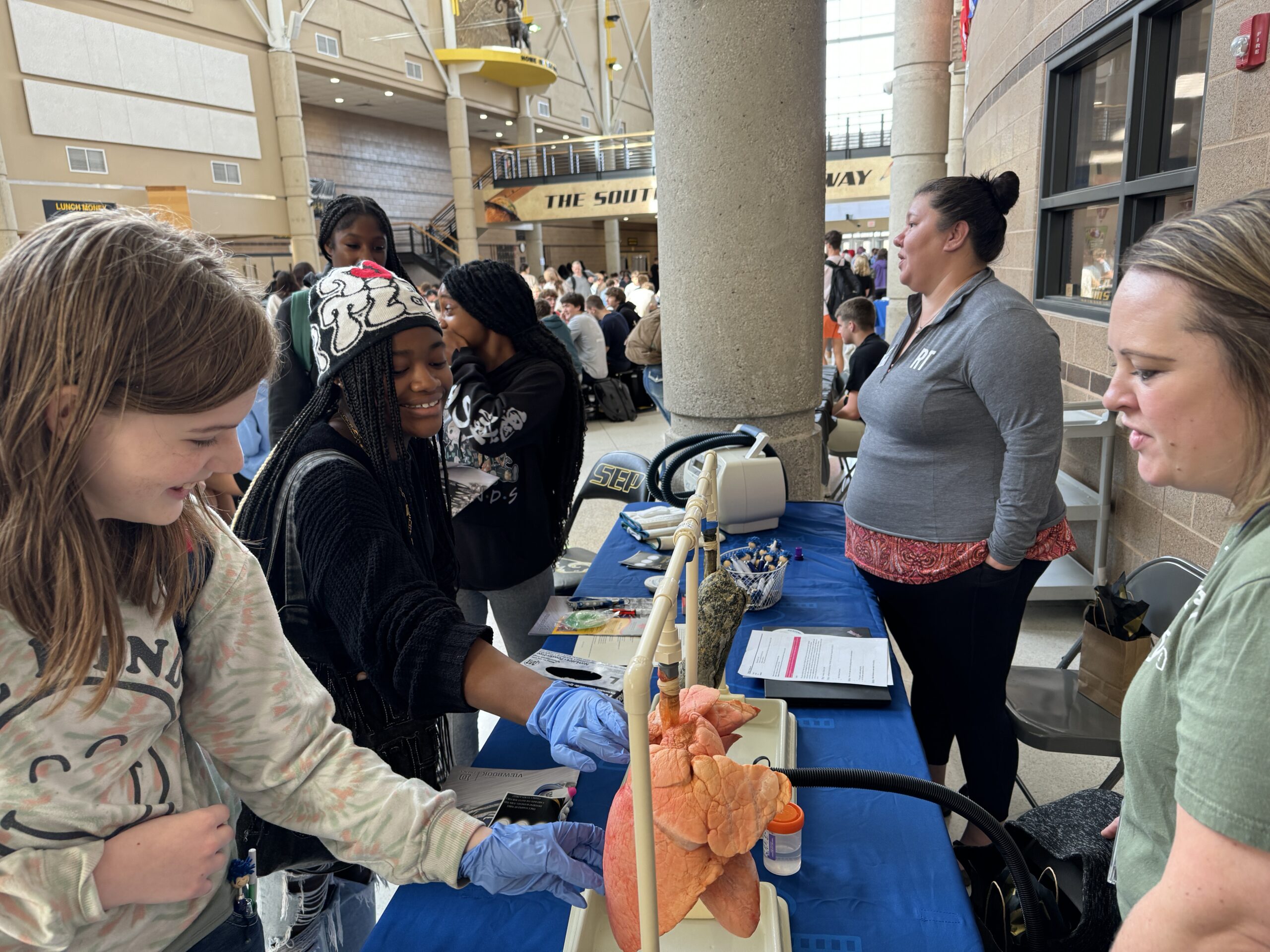 Students comparing healthy lungs to smoker’s lungs at Lunch and Learn.JPG Students comparing healthy lungs to smoker's lungs at last year's Lunch and Learn.JPG