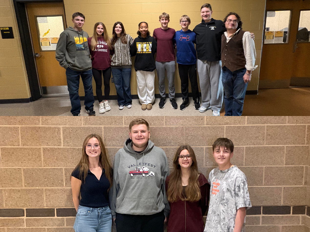 Two photos of the 12 musicians selected for all state choir and band.